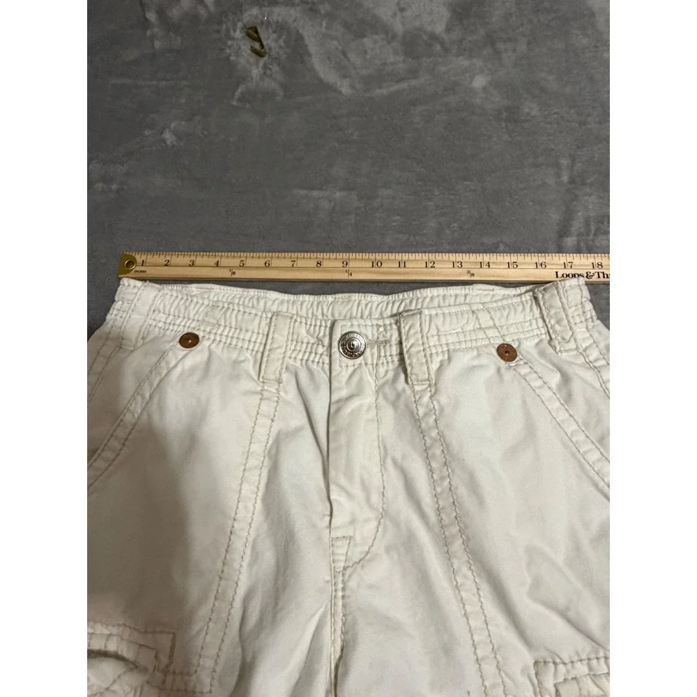 True Religion Cargo Shorts Mens 34 Off White Relaxed Fit Raw Hem Contrast Stitch